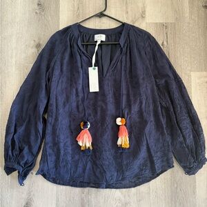 Johnny Was Navy Blue Blouse with Tassel Accents